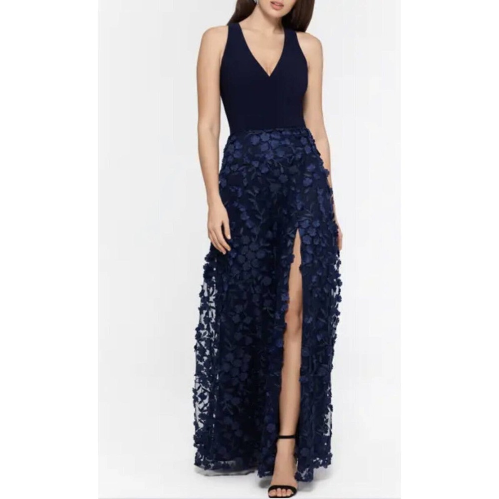 Xscape Navy Blue V-Neck Maxi Dress with Floral Appliqué Skirt